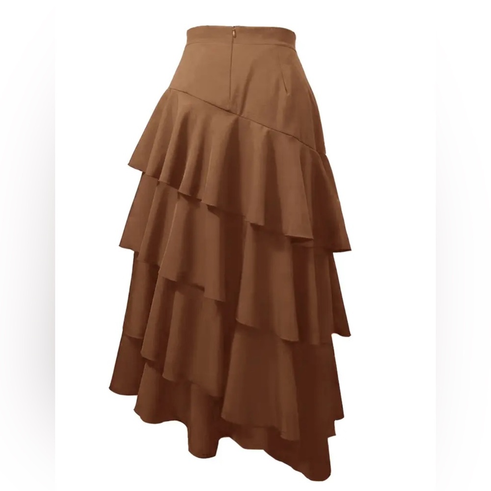 Coffee Brown High-Waist Tiered Ruffle Maxi Skirt | Asym Hem | XL - Picture 3 of 4